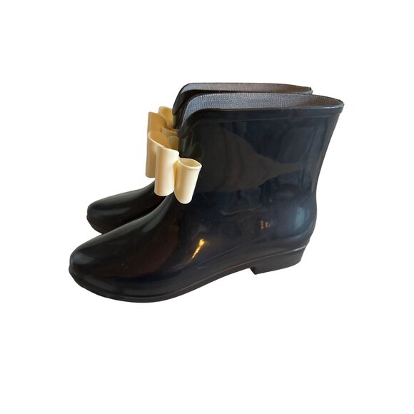 Womens Black PVC Ankle Rain Boots With Decorative White Bow Size 7 EUR 38 - Picture 2 of 5